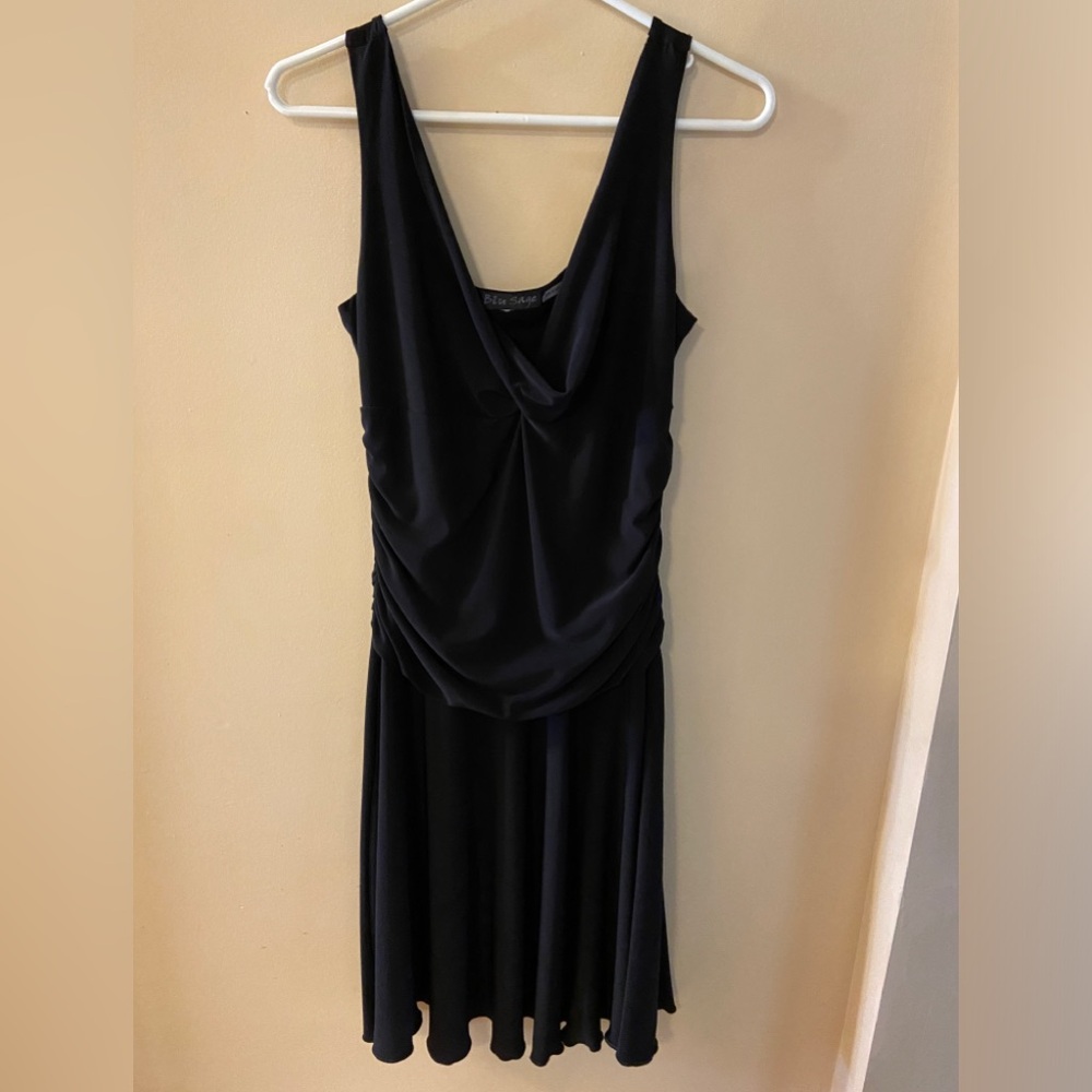 Black sleeveless dress with drop waist and ruffles